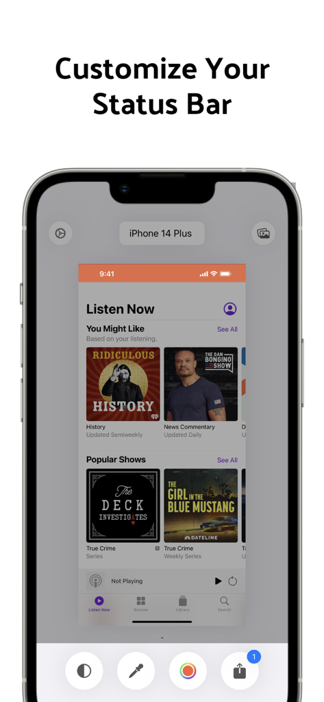 Status Bar - Screenshot Editor - Interface of the Status Bar app showing a screenshot with a customized 9:41 status bar.