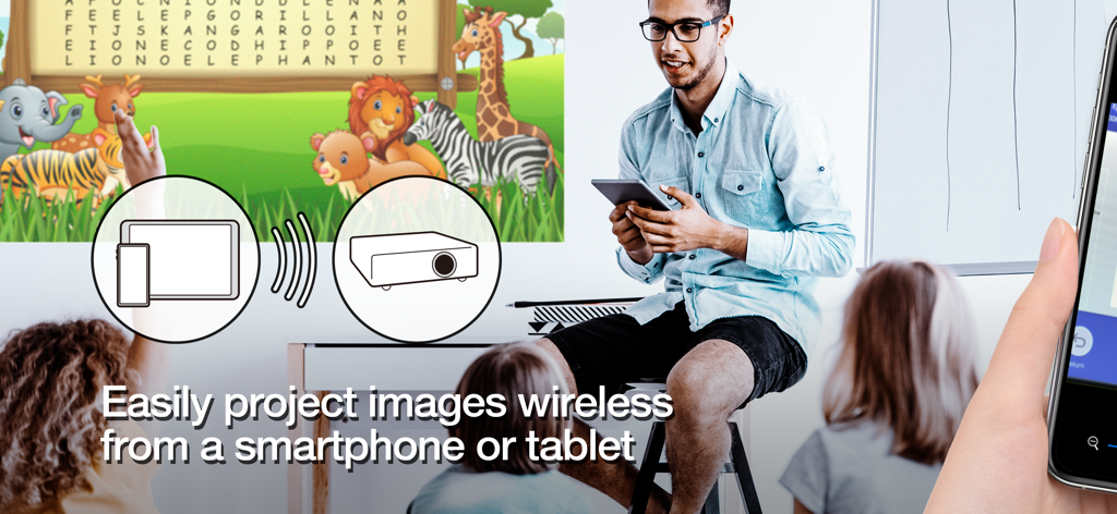 Epson iProjection - Teacher wirelessly projecting educational content from a tablet to a screen in a classroom setting