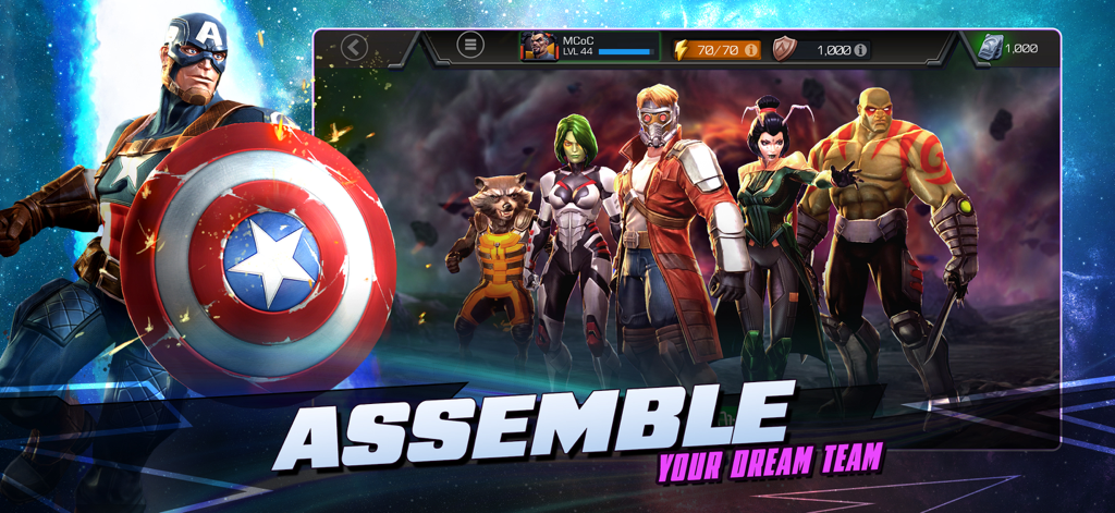 Captain America and the Guardians of the Galaxy heroes in a team assembly menu