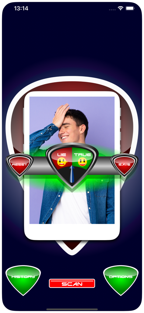 Lie Detector Test - Captura de tela do aplicativo Teste do Detector de Mentiras mostrando uma foto sendo escaneada com um medidor de indicador de verdade e mentira.