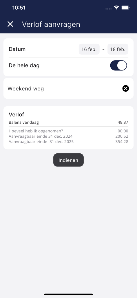PMT - Oberfläche der PMT-Mobil-App, die den Bildschirm für Urlaubsanträge mit Datumsauswahl und Informationen zum Urlaubsanspruch anzeigt