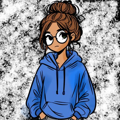 teen girl with a messy bun and glasses wearing a loose hoodie and jeans