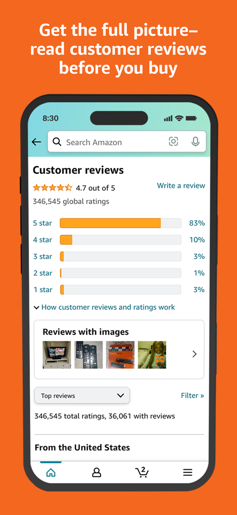 Amazon Shopping - Amazon Shopping app interface displaying customer reviews and product ratings