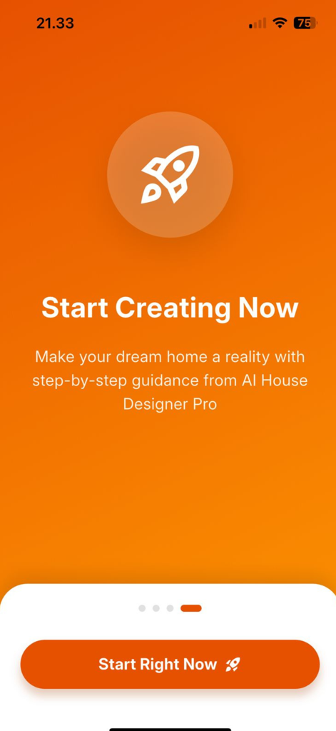 AI House Designer Pro - Start Creating Now screen for AI House Designer Pro app with a rocket icon and orange background