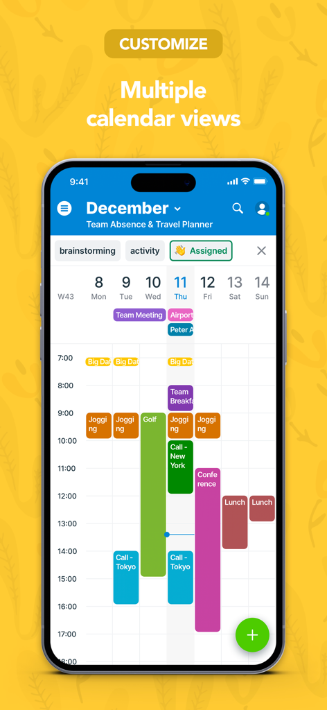 Teamup Calendar - 그룹 일정을 위해 여러 개의 색상별 서브 캘린더 보기를 보여주는 Teamup Calendar 앱 인터페이스.