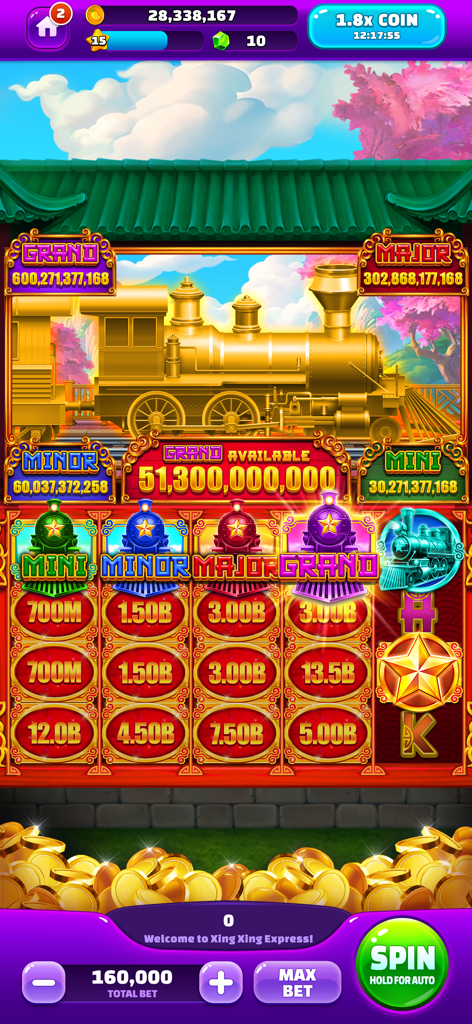 Golden Mango Casino Slot Games - Portrait mode slot machine gameplay featuring a golden train theme and billion coin jackpots