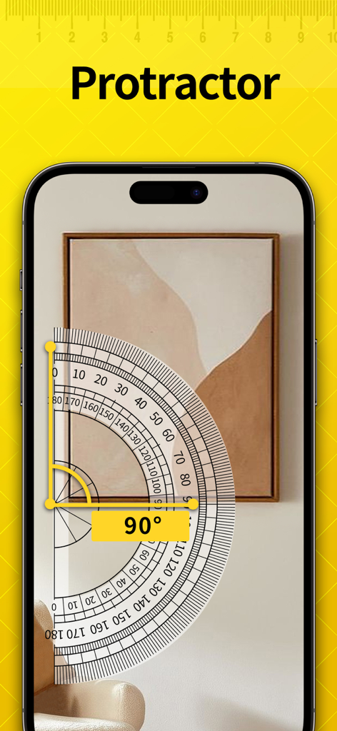 Smartphone app using augmented reality protractor to measure a 90 degree angle on a wall hanging