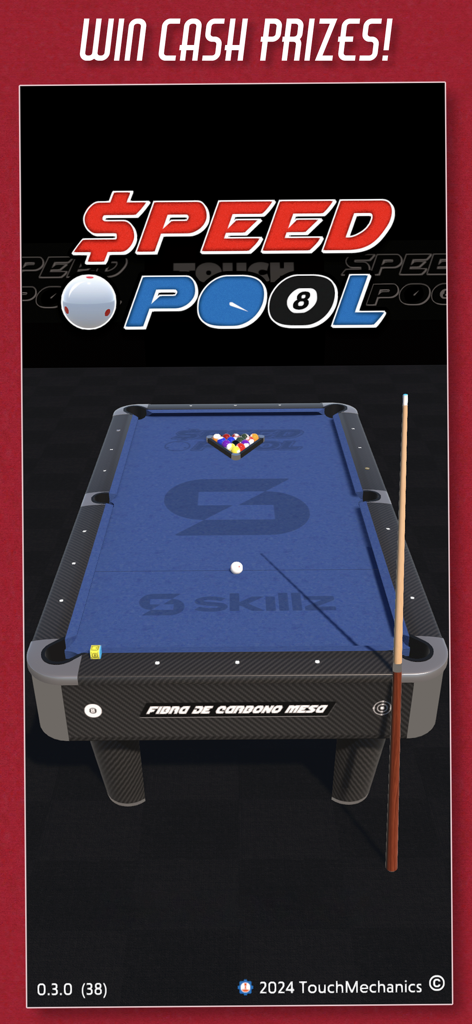 Speed Pool mobile game screen showing a 3D blue pool table with balls and cue stick