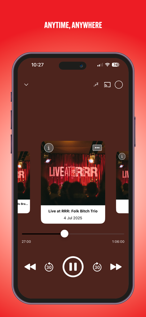 Triple R 102.7FM - Triple R 102.7FM app player screen featuring a live performance by Folk Bitch Trio with playback controls