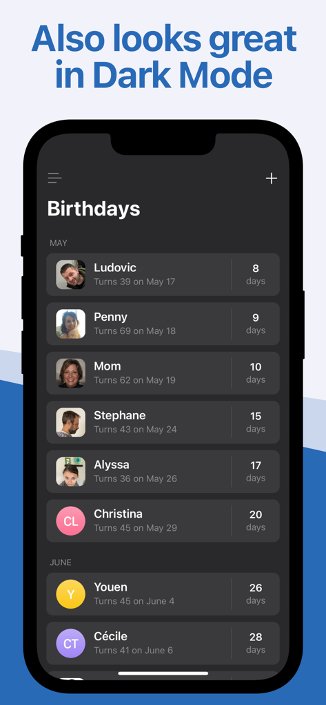 Schermata dell'iPhone che mostra l'app Promemoria Compleanni e Conto alla Rovescia in modalità scura con un elenco di prossimi compleanni inclusi foto e età dei contatti