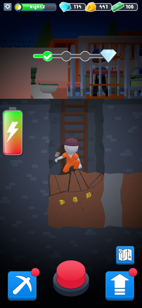 Prison Break-Out - Un personaje con uniforme de prisión naranja cavando un túnel subterráneo por la noche con un pico.