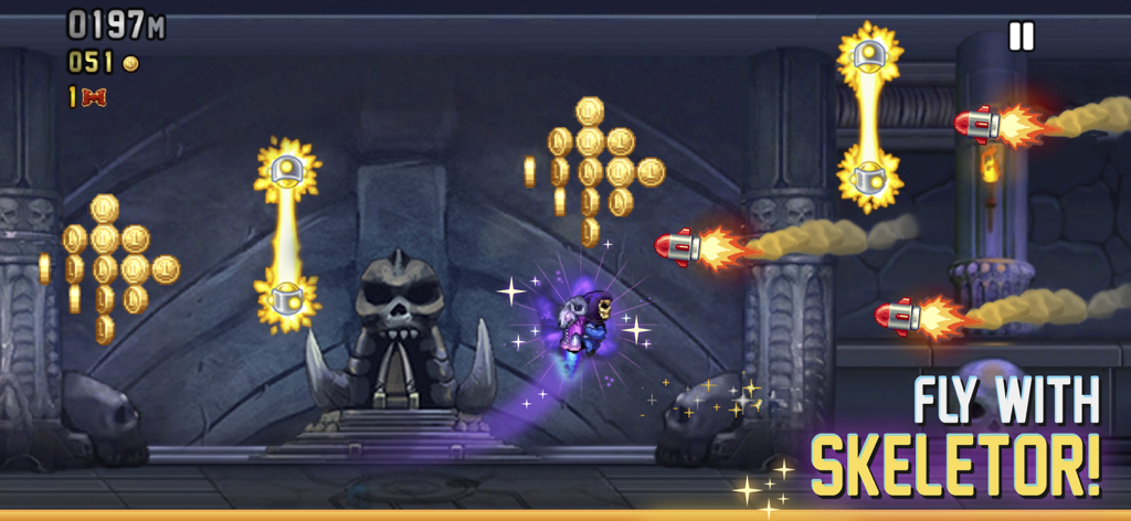 Jetpack Joyride Classic - Barry Steakfries in a Skeletor outfit flying through a skull-themed level in Jetpack Joyride Classic