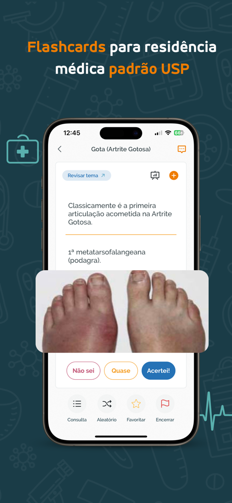 WeMeds - Smartphone screen displaying a WeMeds medical flashcard about gout symptoms and podagra.