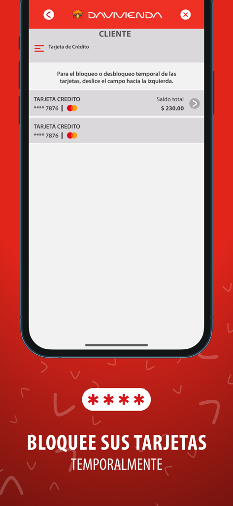 Interfaz para bloquear temporalmente tarjetas de crédito en la aplicación de banca móvil Davivienda El Salvador