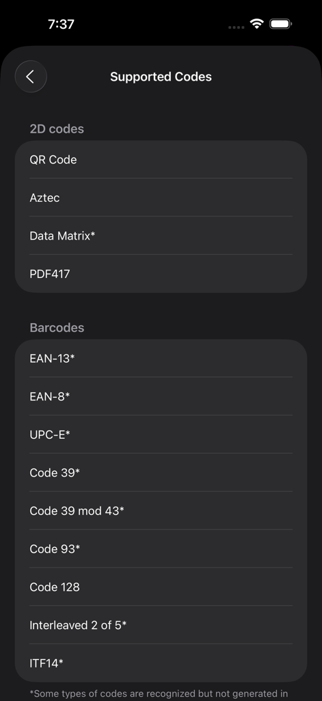 A list of supported 2D codes and barcodes in the Code Scanner app