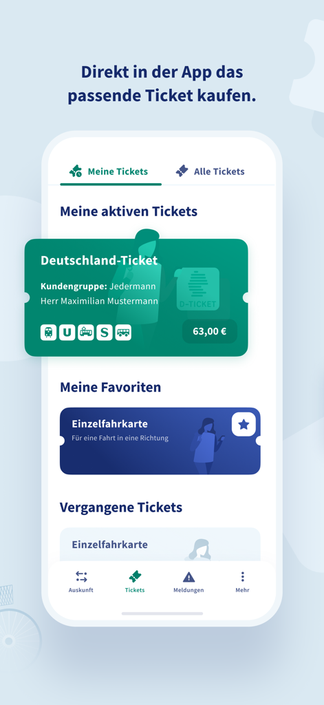 RMVgo - Interfaz de la app RMVgo mostrando un Deutschland-Ticket activo y favoritos de billetes guardados
