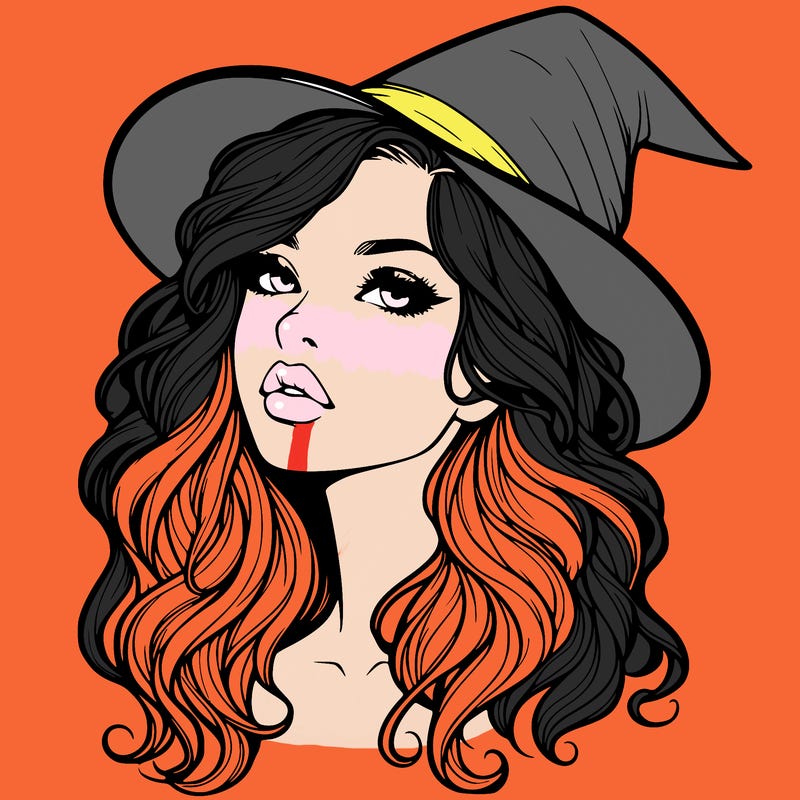 realistic witch girl with wavy hair and lips