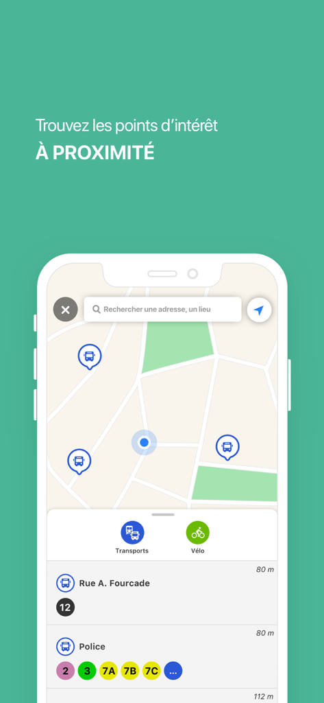 SudLib - SudLib app interface showing a map with nearby bus stops and public transit routes in Martinique