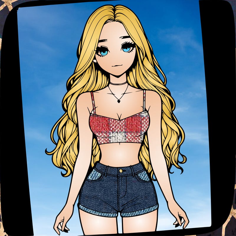 a realistic girl with long hair and in a crop top and shprts