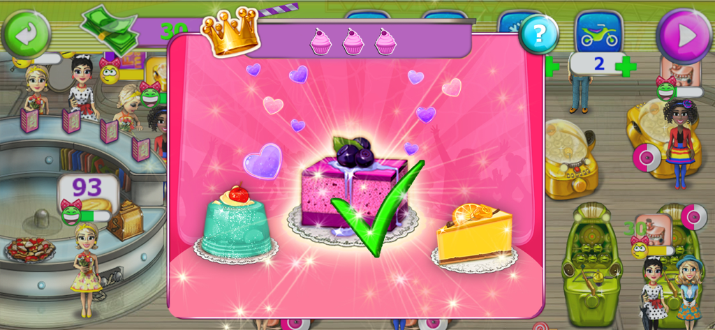 Funmania: time management game - A vibrant screen in Funmania showing a dessert selection task with three different cakes and a green checkmark on a berry dessert.