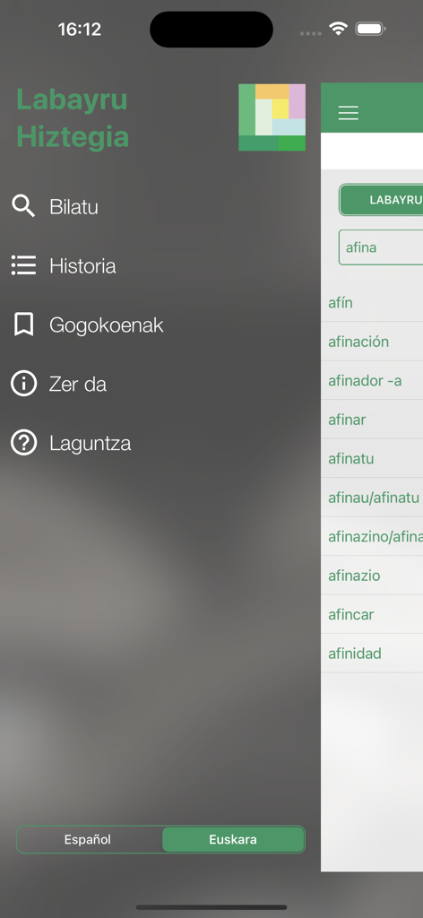 Labayru Hiztegia - Menú de navegación principal de la aplicación móvil del diccionario vasco Labayru Hiztegia que muestra el historial de búsqueda y los favoritos.
