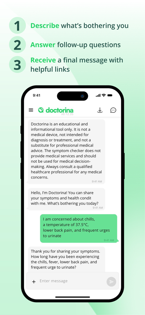 Doctorina Health - A screenshot of the Doctorina Health app showing an AI chat interface where a user describes symptoms and receives empathetic follow up questions