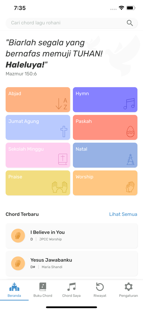 JRChord - JRChord app home screen showing Indonesian Christian song categories and latest chords