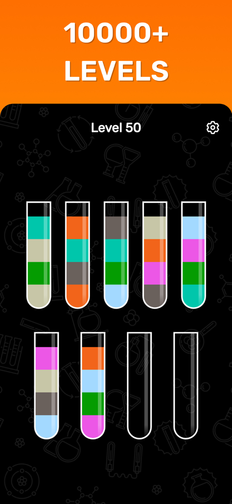 Water Sort Puzzle - Get Color - Tela de gameplay de Water Sort Puzzle mostrando tubos de cores e um banner indicando mais de dez mil níveis