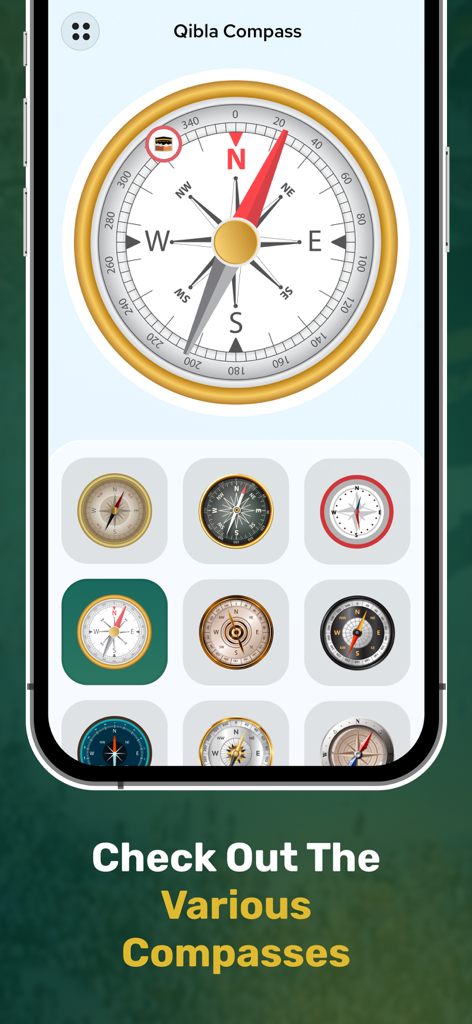 Qibla Compass - Qibla Locator - Une sélection de différents thèmes et conceptions de boussole Qibla dans l'application mobile.