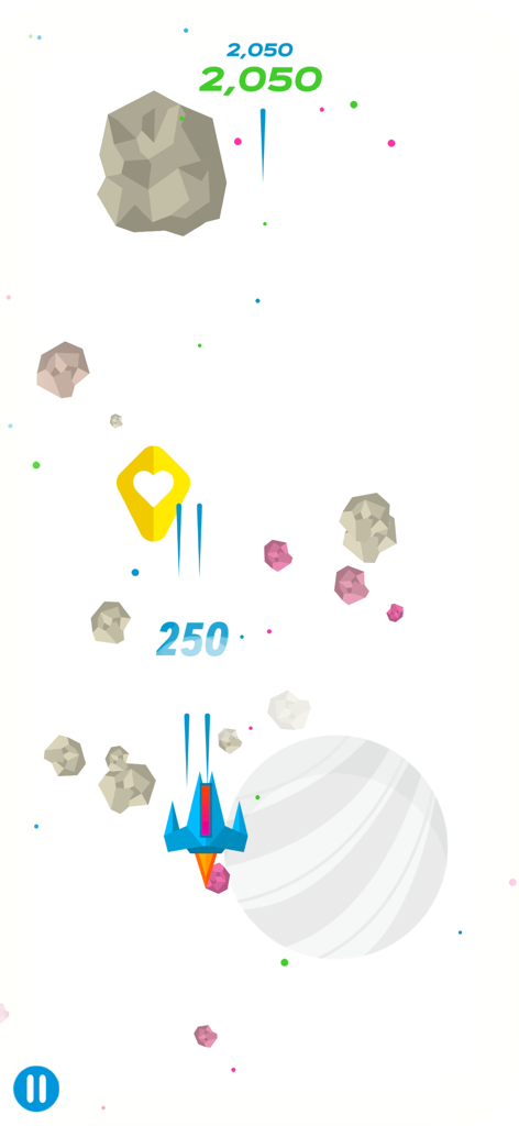 A blue spaceship firing at asteroids in a space themed game within the Sphero Play app