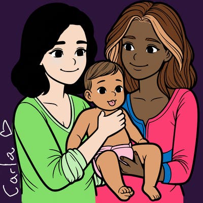 two realistic women holding one baby together