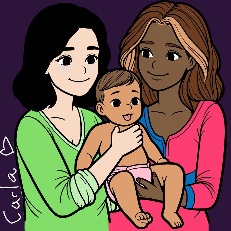 two realistic women holding one baby together