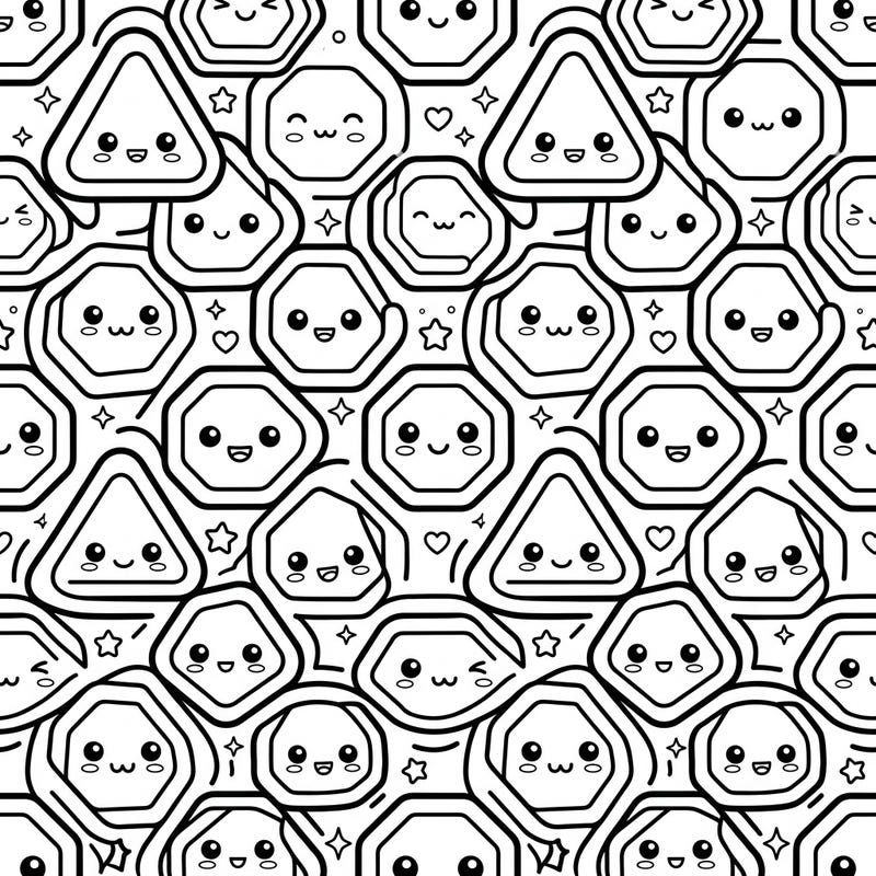 Unleash your creativity with this charming Kawaii Polygonal Patterns coloring page! Featuring an array of adorable geometric shapes, each with a unique cute expression, it promises hours of delightful artistic fun.