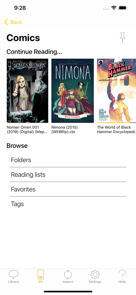 YACReader - Comic Reader - Schermata della libreria dell'app YACReader che mostra copertine di fumetti digitali e categorie di organizzazione