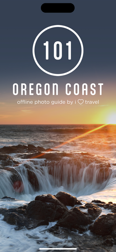 Oregon Coast Offline Guide - Schermata splash di Oregon Coast Offline Guide con un tramonto costiero e il logo Highway 101.