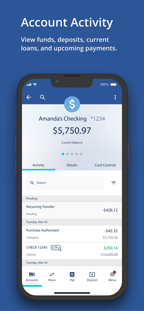 Travis CU Mobile app screen showing checking account balance and transaction history