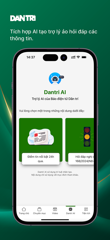 A mobile phone showing the AI assistant screen of the Bao Dan tri news app