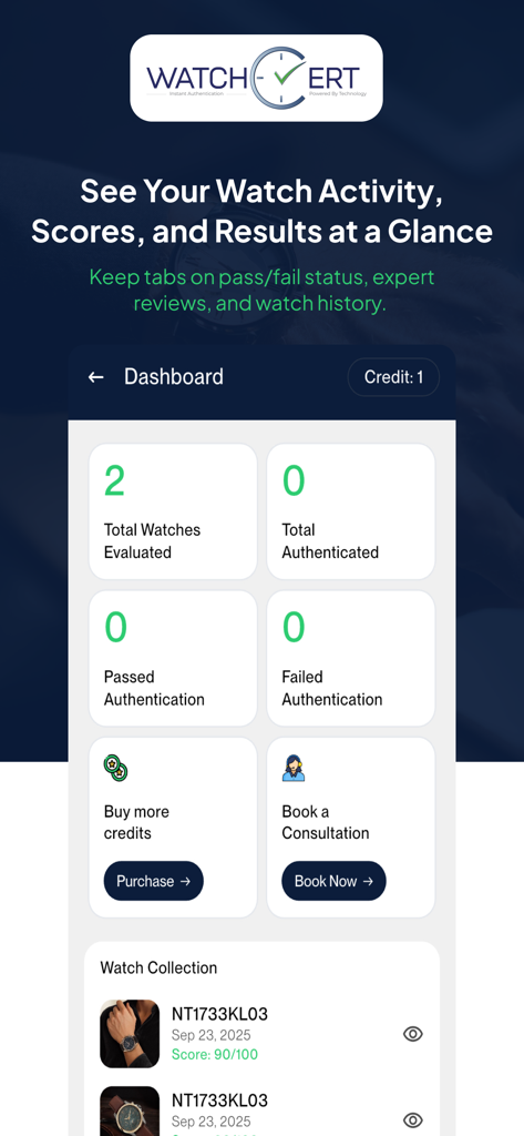 WatchCert: Watch Authenticator - WatchCert app dashboard displaying authentication statistics and watch collection activity