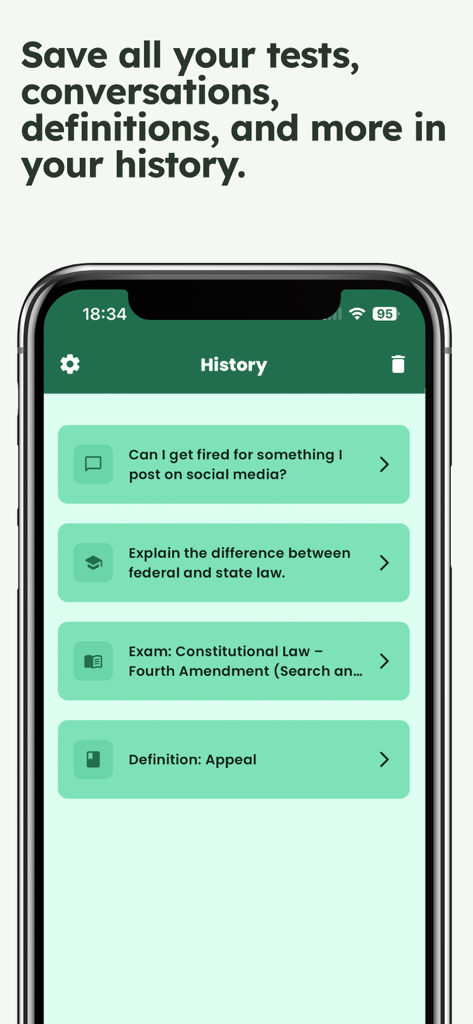 Legal AI Assistant: Law Help - The history screen of the Legal AI Assistant app showing saved legal questions, law explanations, and exam results