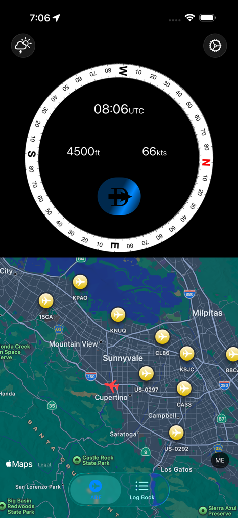 Dashboard di navigazione di volo Direct To che mostra strumenti di volo in tempo reale e la posizione dell'aereo su una mappa