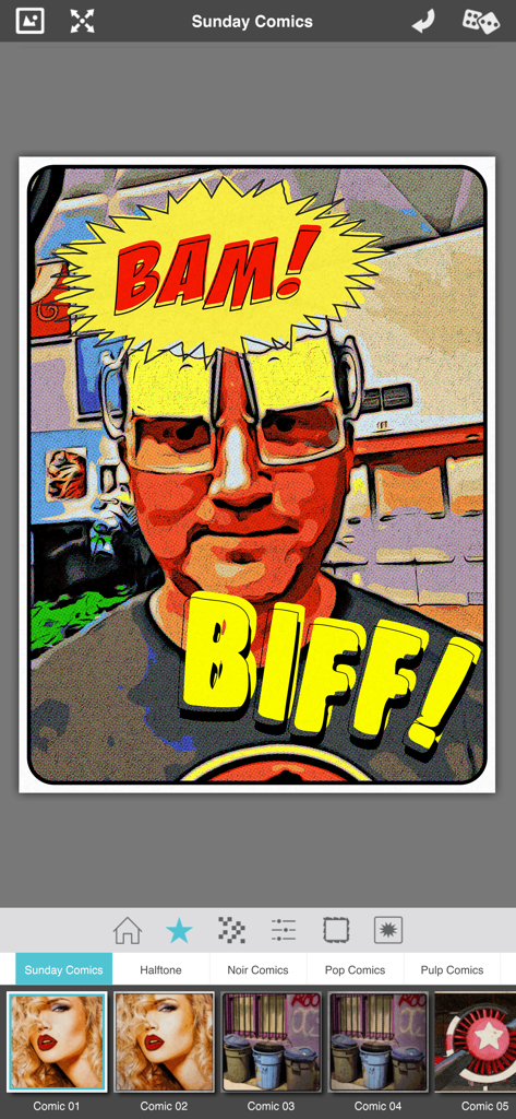 Pop Dot Comics - Pop Dot Comicsアプリのインターフェイス。サンデーコミックフィルターとBAM、BIFFの効果音で編集された写真が表示されています。