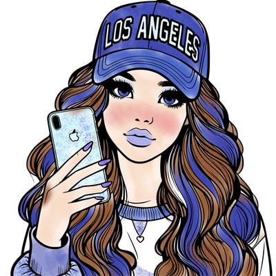 realistic beautiful girl wearing los ángeles cap holding an iphone