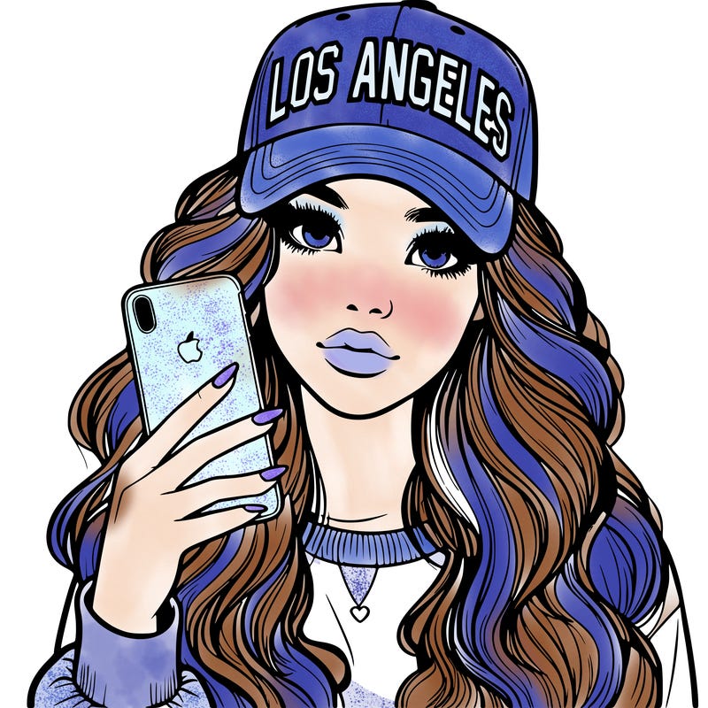 realistic beautiful girl wearing los ángeles cap holding an iphone