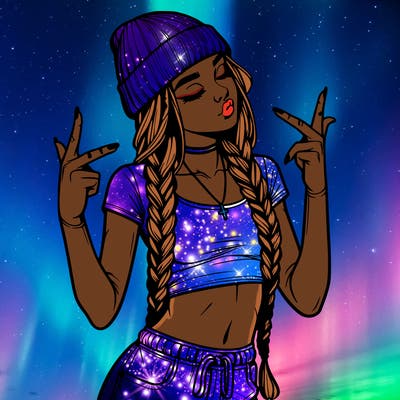 realistic teenage girl with braids and a beanie and crop top doing 🫶🏼