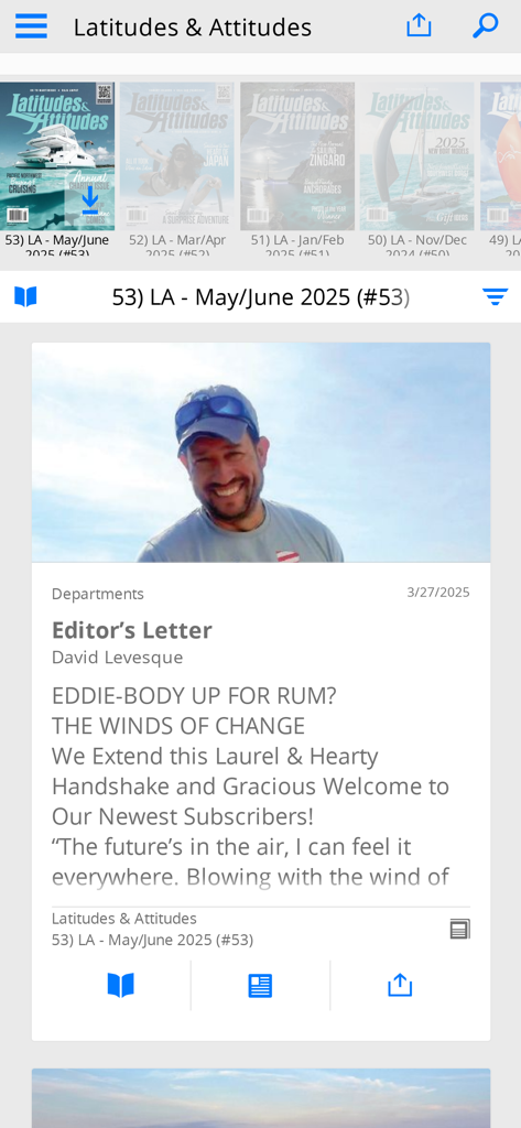 Latitudes & Attitudes Magazine - Screenshot of the Latitudes and Attitudes magazine app displaying an editor's letter and a carousel of issue covers.
