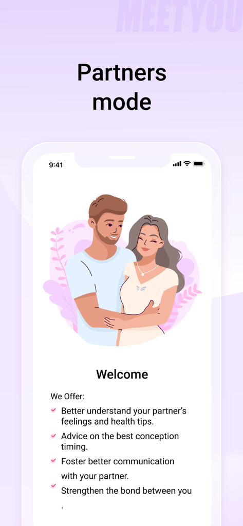 Pantalla del modo Parejas de la aplicación MeetYou que muestra funciones para parejas, como consejos de salud e información compartida del ciclo