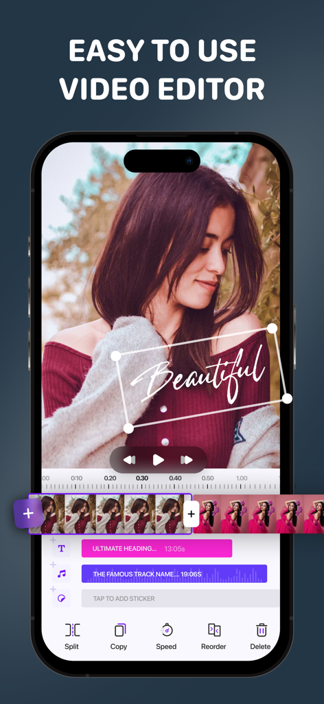 Interfaz móvil de la aplicación Video Editor Movie Maker Pro que presenta una línea de tiempo de video con pistas de texto y música.