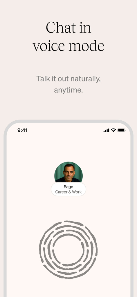 Kin: Personal AI Advisors - Kin app interface showing voice mode chat with Sage, a career and work AI advisor.
