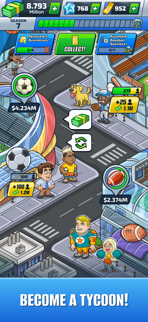 A cartoon city street in Idle Sports Tycoon Game showing soccer, baseball, and football stadiums with players and managers.