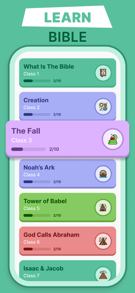 Bible for Beginners in a Year - Oberfläche der mobilen App, die eine Liste von Bibelstudienkursen wie Schöpfung und Noahs Arche mit Fortschrittsbalken für jede Lektion anzeigt.